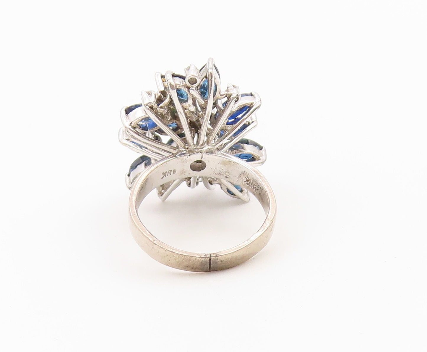 925 Sterling Silver Vintage Ring Real Diamonds Sapphire Flower  Sz 6  RG36602