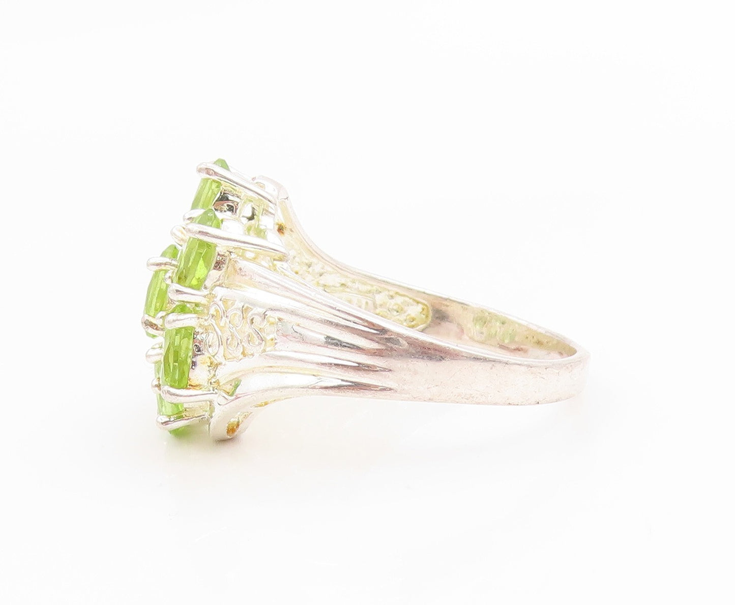 925 Sterling Silver Vintage Ring Elegant Peridot Floral Cluster  Sz 10  RG36075