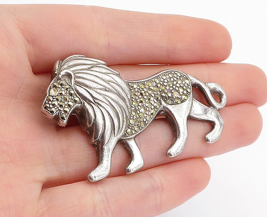 925 Sterling Silver  Vintage Marcasite Decorated Lion Motif Brooch Pin  BP1637