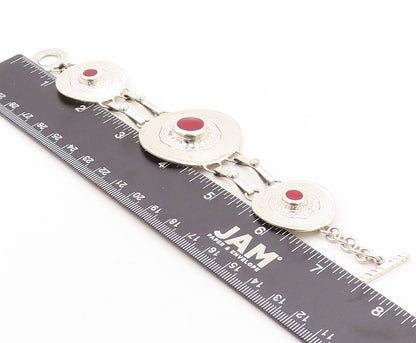 925 Sterling Silver Vintage Bracelet Round Brutalist Gemstone Inlay  BT10892