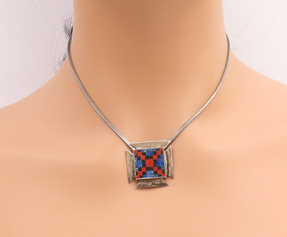 925 Sterling Silver Vintage Necklace Lapis Lazuli Inlay Checker Board   NE4669