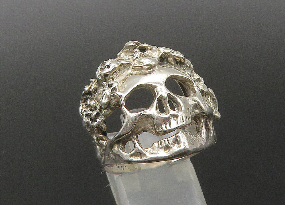 925 Sterling Silver  Vintage Sculpted Skeleton Head Biker Ring Sz 8.5  RG22492