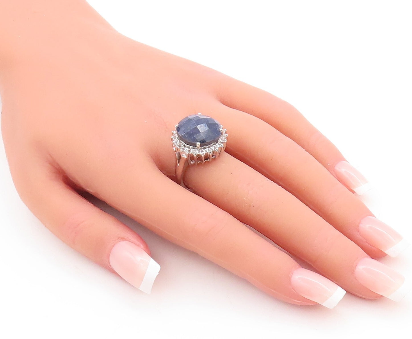 925 Sterling Silver Vintage Ring Large Round Sapphire Halo Topaz  Sz 7  RG29503