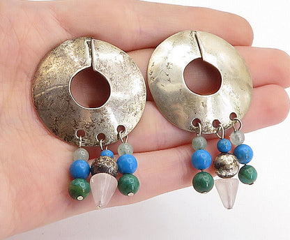 925 Sterling Silver  Vintage Turquoise & Quartz Beaded Dangle Earrings  EG2661