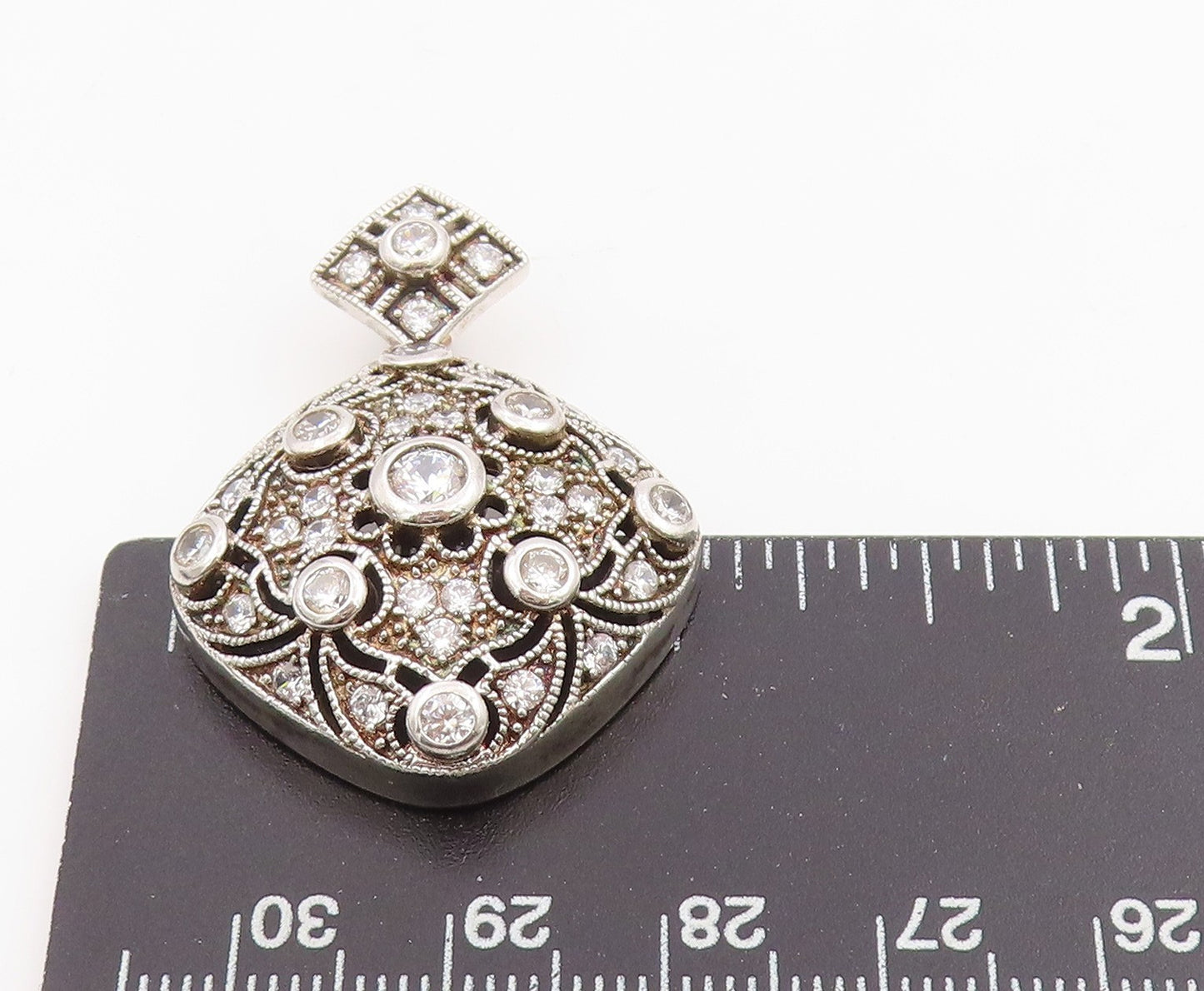 925 Sterling Silver Vintage Pendant Round CZ Intricate Victorian Style  PT25493