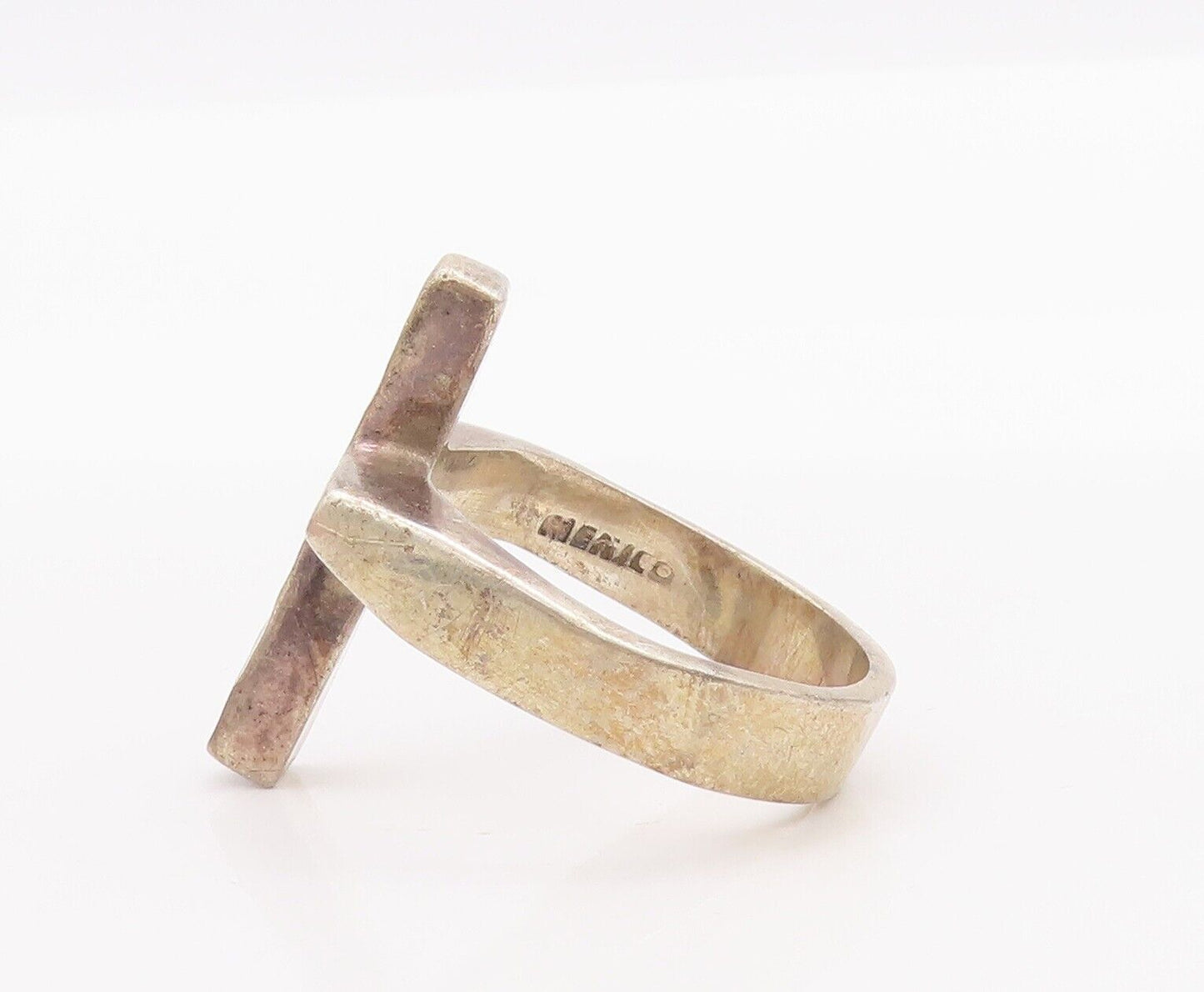 925 Sterling Silver Vintage Ring MEXICO Solid Cut Dented Cross  Sz 11.5 RG28437