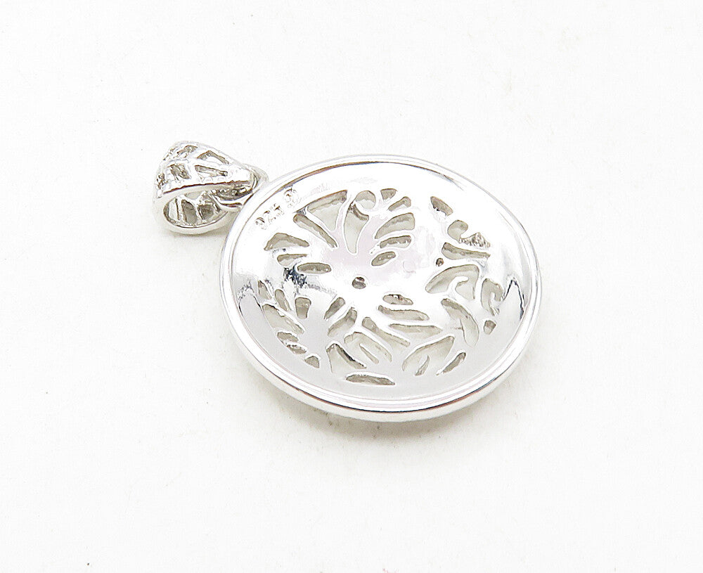 925 Sterling Silver  Shiny Topaz Accented Floral Round Drop Pendant  PT7054