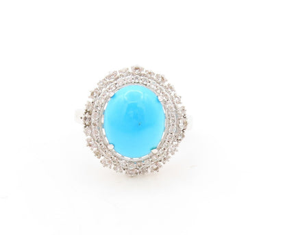 925 Sterling Silver Vintage Ring Cabochon Turquoise Halo Topaz  Sz 8  RG31019