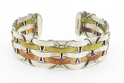 MEXICO 925 Sterling Silver  Vintage Shiny Three Tone Cuff Bracelet  BT1957