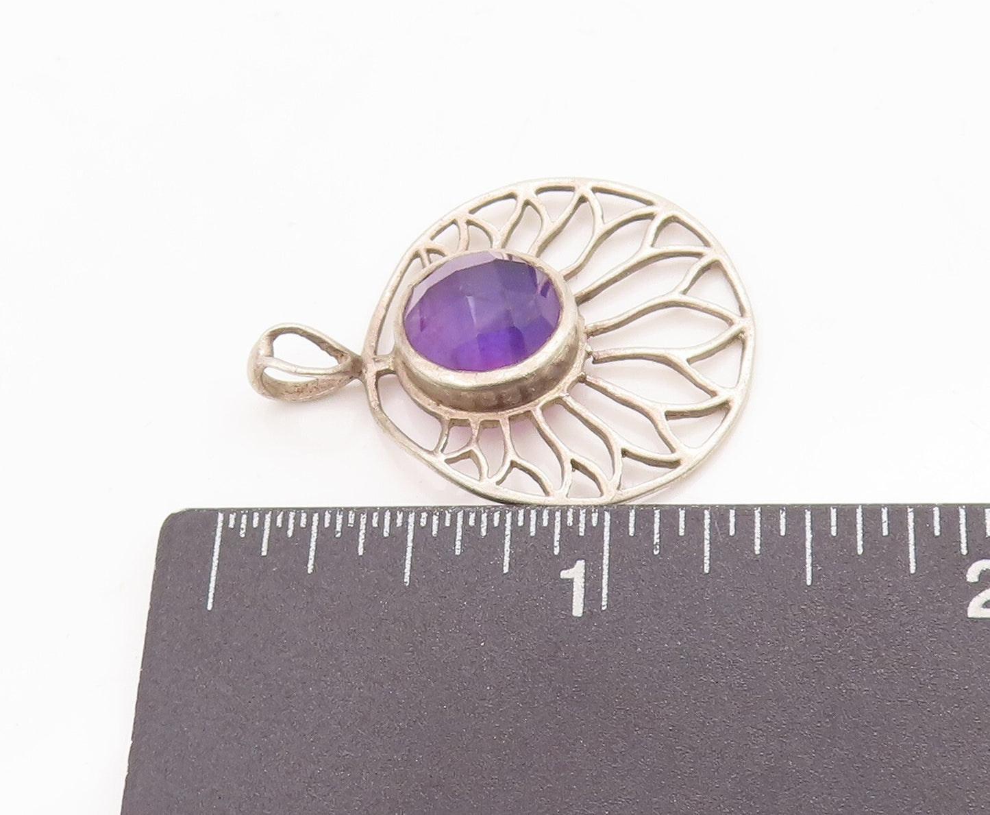 925 Sterling Silver Vintage Pendant Cutout Amethyst Round Flower  PT23296