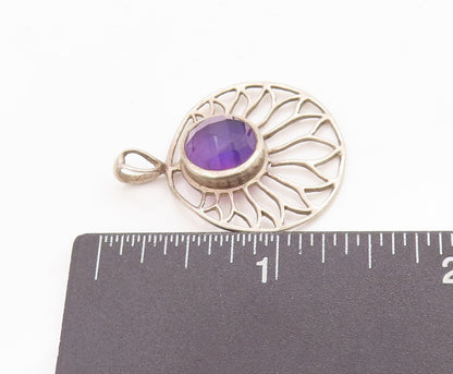 925 Sterling Silver Vintage Pendant Cutout Amethyst Round Flower  PT23296