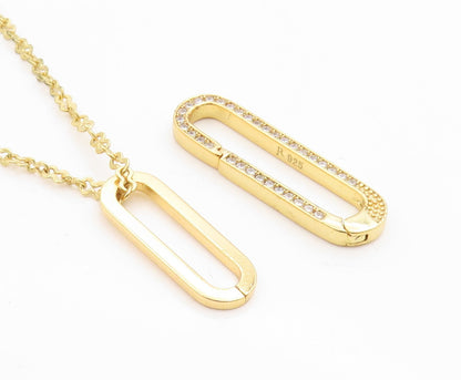 925 Sterling Silver Vintage Necklace Gold Plated CZ Pave Paperclip Drop  NE4869