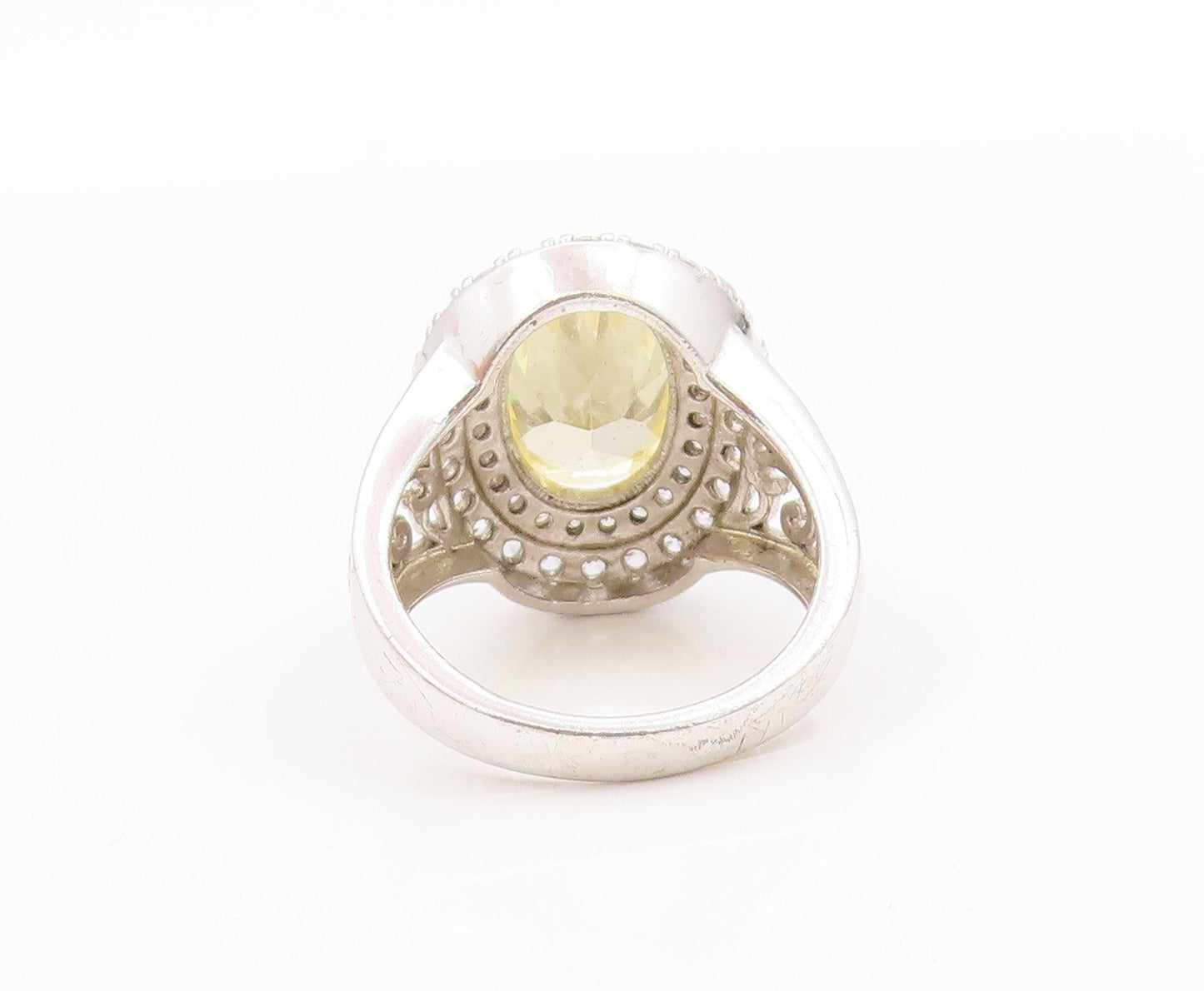 925 Sterling Silver Vintage Ring Oval Cut Citrine Halo CZ Bands  Sz 7.5  RG31771