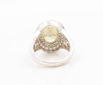 925 Sterling Silver Vintage Ring Oval Cut Citrine Halo CZ Bands  Sz 7.5  RG31771