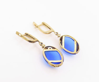925 Sterling Silver Vintage Earrings Gold Plated Sapphire & CZ Drop  EG14242