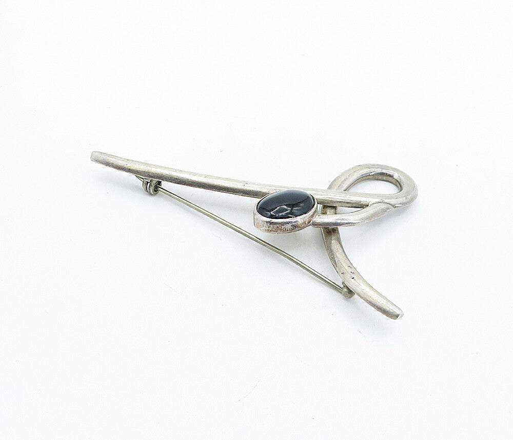 MEXICO 925 Sterling Silver  Vintage Cabochon Cut Black Onyx Brooch Pin  BP2404