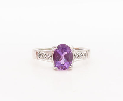 925 Sterling Silver Vintage Ring Oval Cut Amethyst Diamonds Inlay Sz 7.5 RG29380