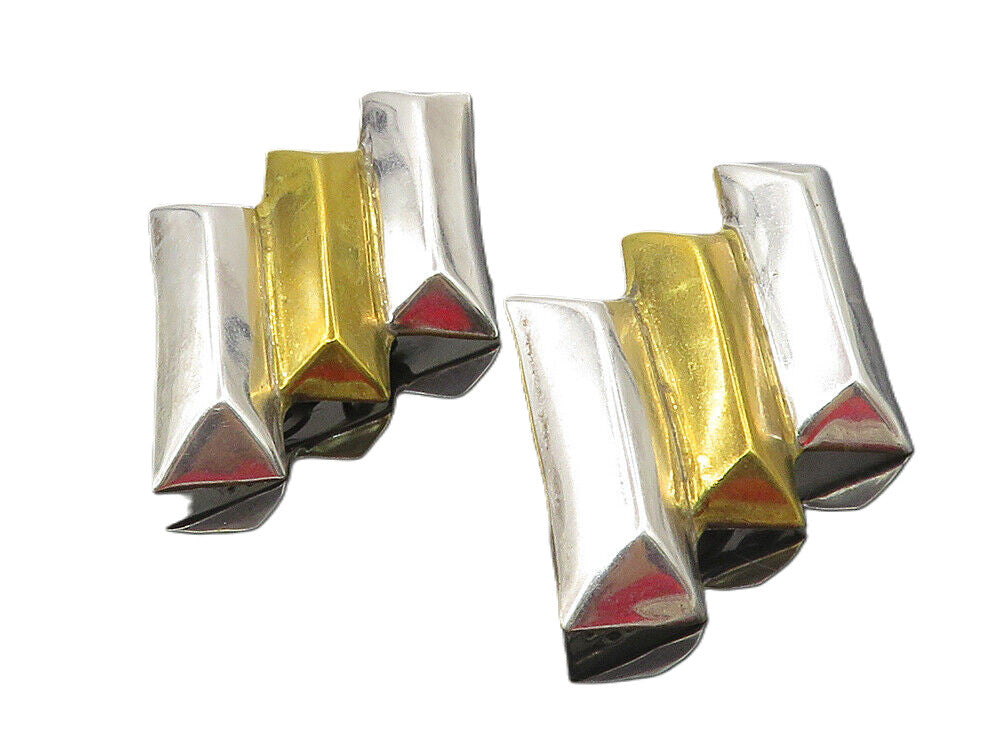 MEXICO 925 Silver  Vintage Shiny 2 Tone Modernist Non Pierce Earrings  EG4790
