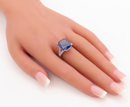 925 Sterling Silver Vintage Ring Rectangle Cutout Sapphire & CZ  Sz 7  RG30993