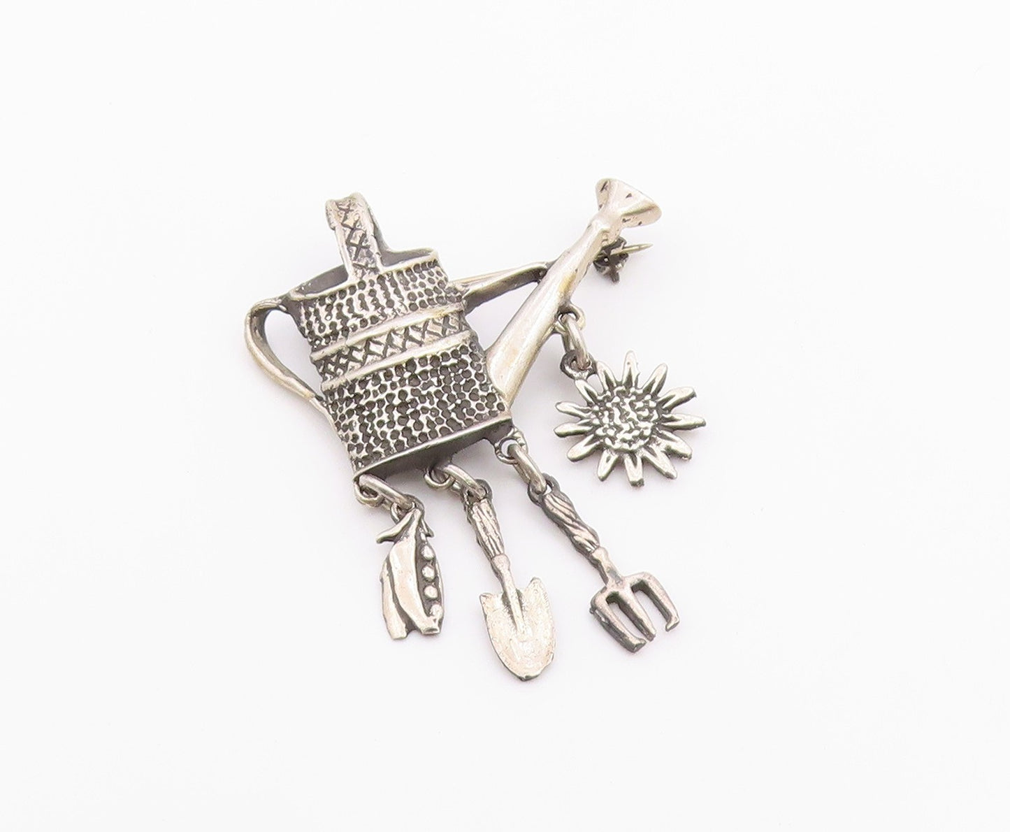 MEXICO 925 Silver  Vintage Dangling Charms Watering Can Brooch Pin  BP3113