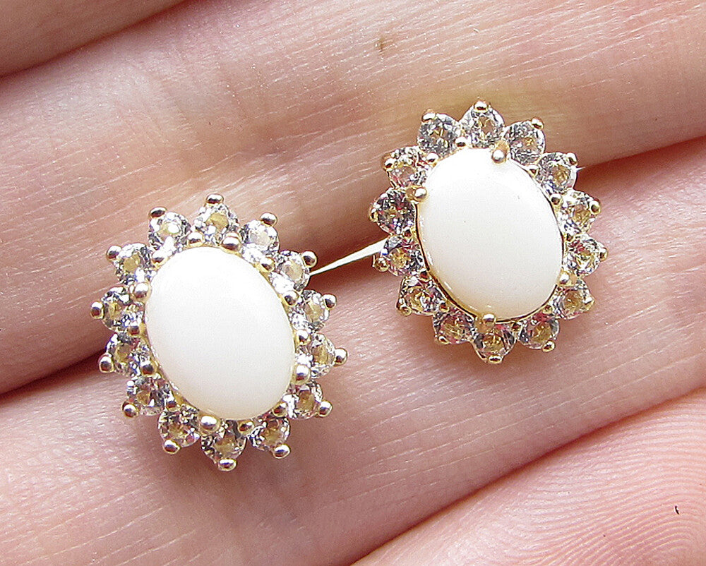 Gold Over 925 Sterling Silver Opal & White Cubic Zirconia Stud Earrings EG1786