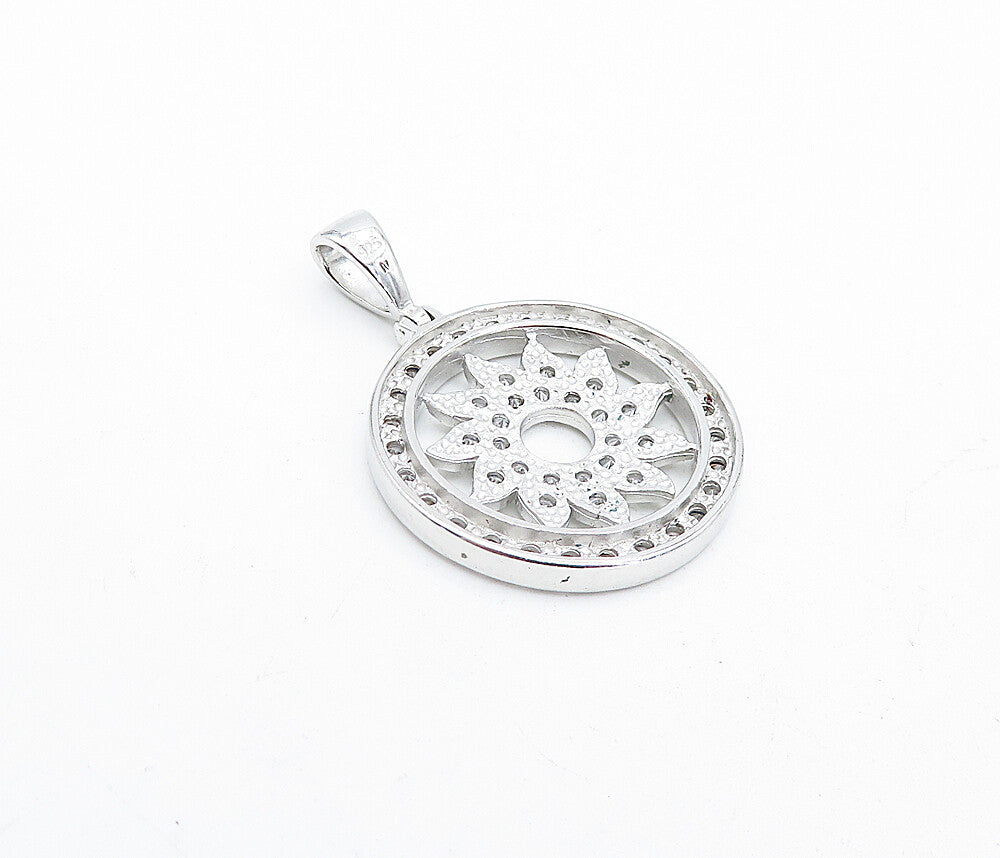 925 Sterling Silver  Shiny Topaz Open Floral Design Round Drop Pendant  PT3206