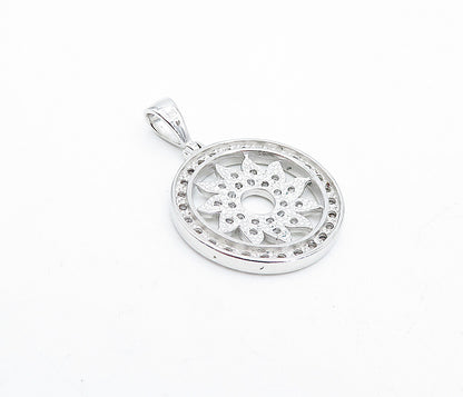 925 Sterling Silver  Shiny Topaz Open Floral Design Round Drop Pendant  PT3206