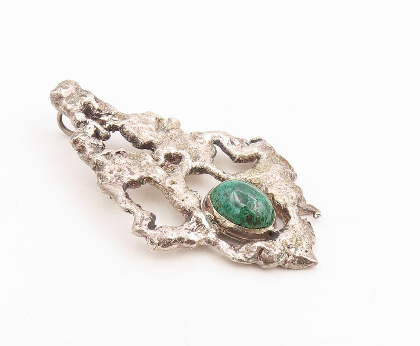 925 Sterling Silver Vintage Pendant Cabochon Malachite Brutalist Locket  PT25447