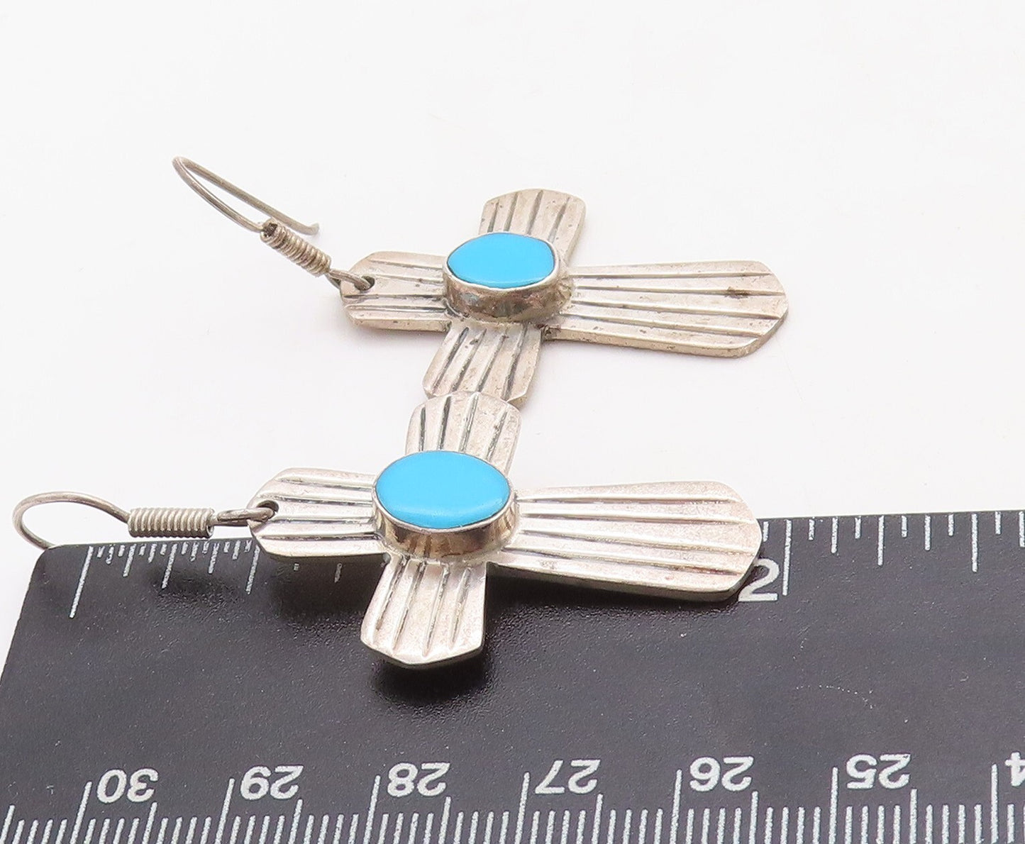 925 Sterling Silver Vintage Earrings MEXICO Larimar Grooved Cross  EG13280
