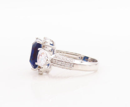 925 Sterling Silver Vintage Ring Rectangle Sapphire Halo CZ Framed  Sz 7 RG29369