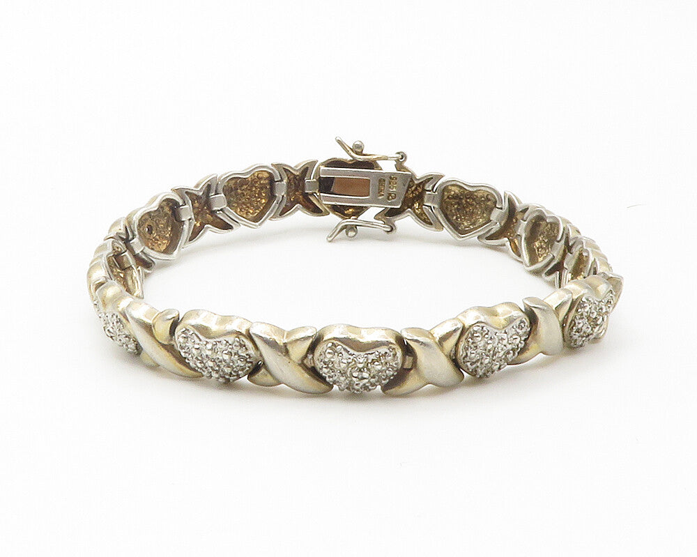 925 Sterling Silver  Vintage Genuine Diamonds XO Heart Chain Bracelet  BT5648