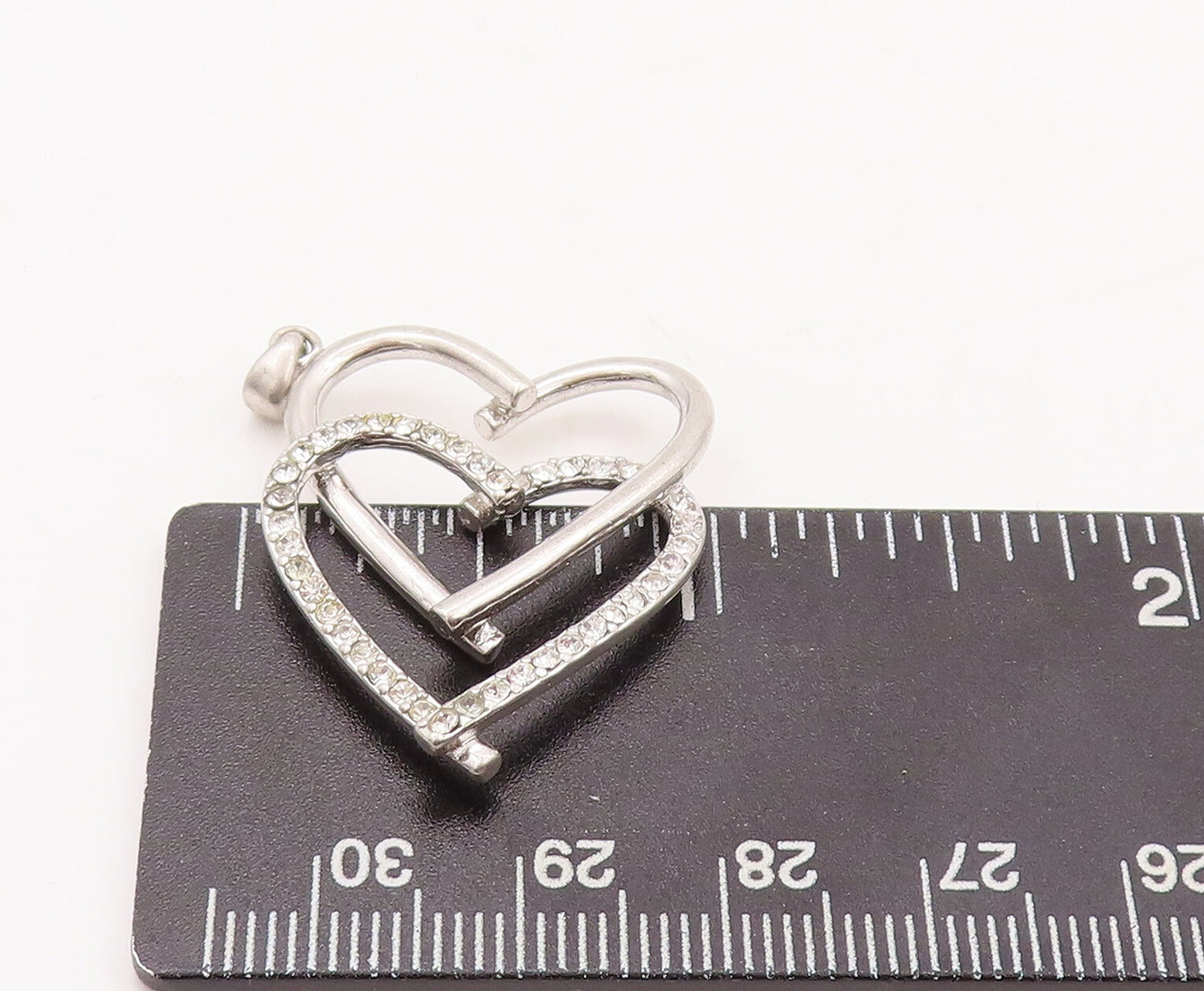 925 Sterling Silver Vintage Pendant CZ Beaded Double Heart Cutout   PT23148