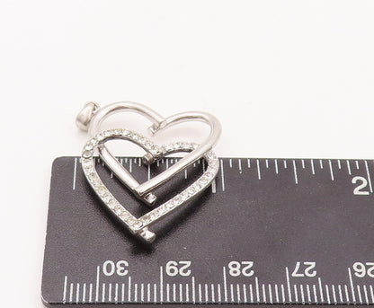 925 Sterling Silver Vintage Pendant CZ Beaded Double Heart Cutout   PT23148