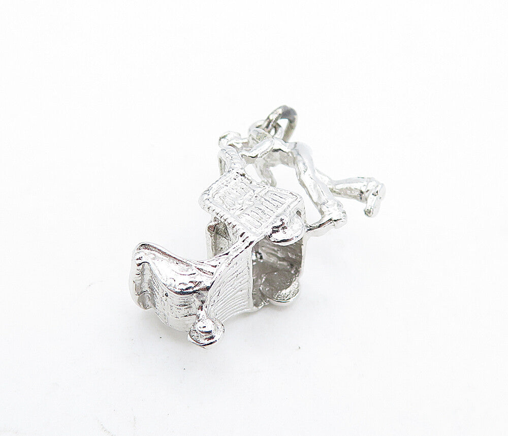 925 Sterling Silver  Vintage Shiny Man Pushing Carriage Drop Pendant  PT4759