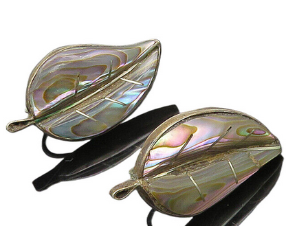MEXICO 925 Silver  Vintage Abalone Shell Leaf Non Pierce Earrings  EG10260