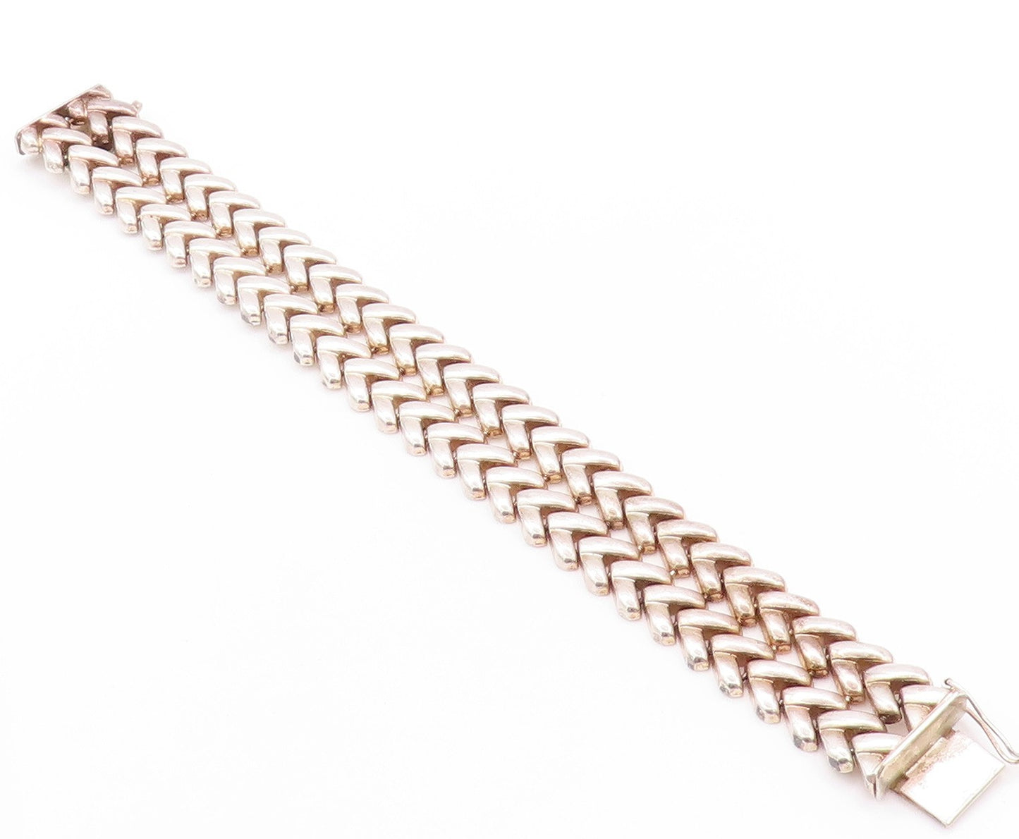 925 Sterling Silver Vintage Bracelet Woven Effect Cutout V Double Band  BT11267