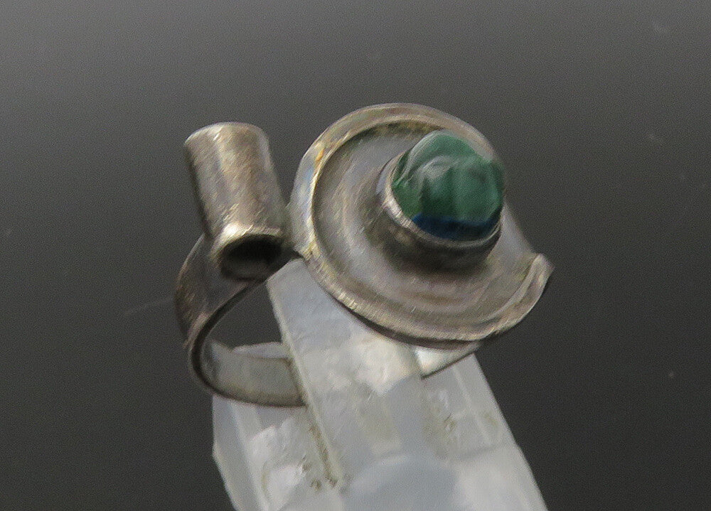 EUROPEAN 925 Silver  Vintage Green Jasper Dark Tone Band Ring Sz 8  RG22686