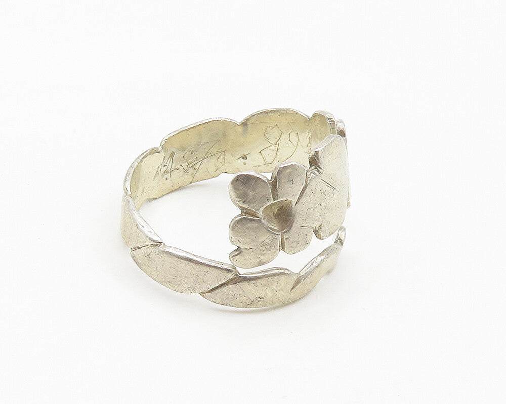 925 Sterling Silver  Vintage Shiny Floral Motif Bypass Band Ring Sz 9  RG18078