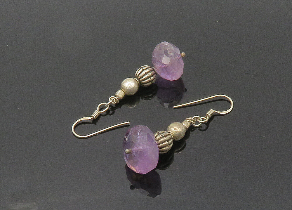 925 Sterling Silver  Vintage Faceted Amethyst Beaded Dangle Earrings  EG10013