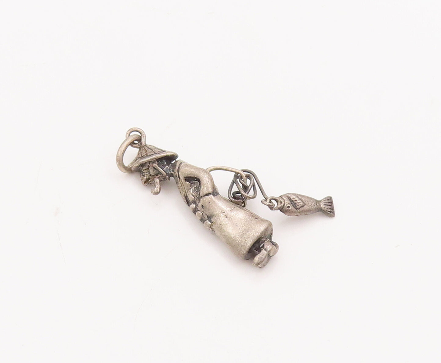 925 Sterling Silver Vintage Pendant Solid 3D Carved Fisher Man Charm  PT23056