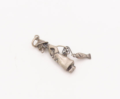 925 Sterling Silver Vintage Pendant Solid 3D Carved Fisher Man Charm  PT23056