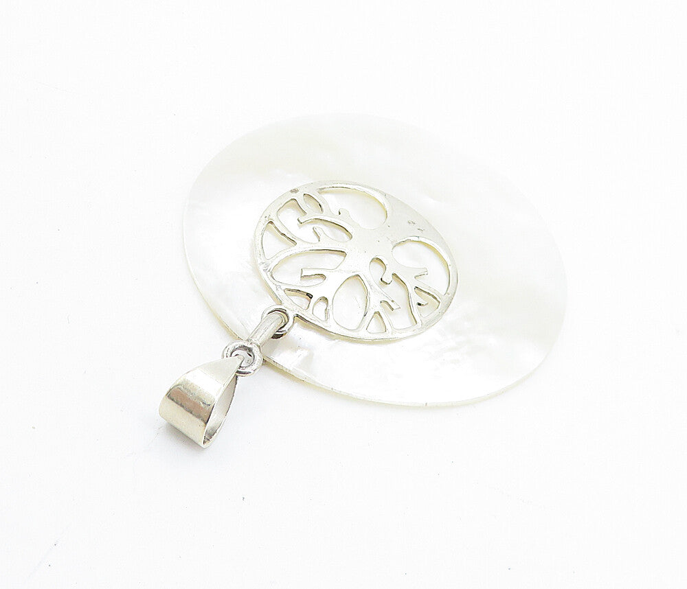 925 Sterling Silver  Shiny Round Mother Of Pearl Tree Of Life Pendant  PT5823
