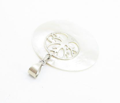 925 Sterling Silver  Shiny Round Mother Of Pearl Tree Of Life Pendant  PT5823