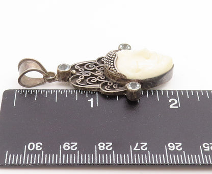 925 Sterling Silver Vintage Pendant Topaz Carved Goddess Face Charm  PT25995