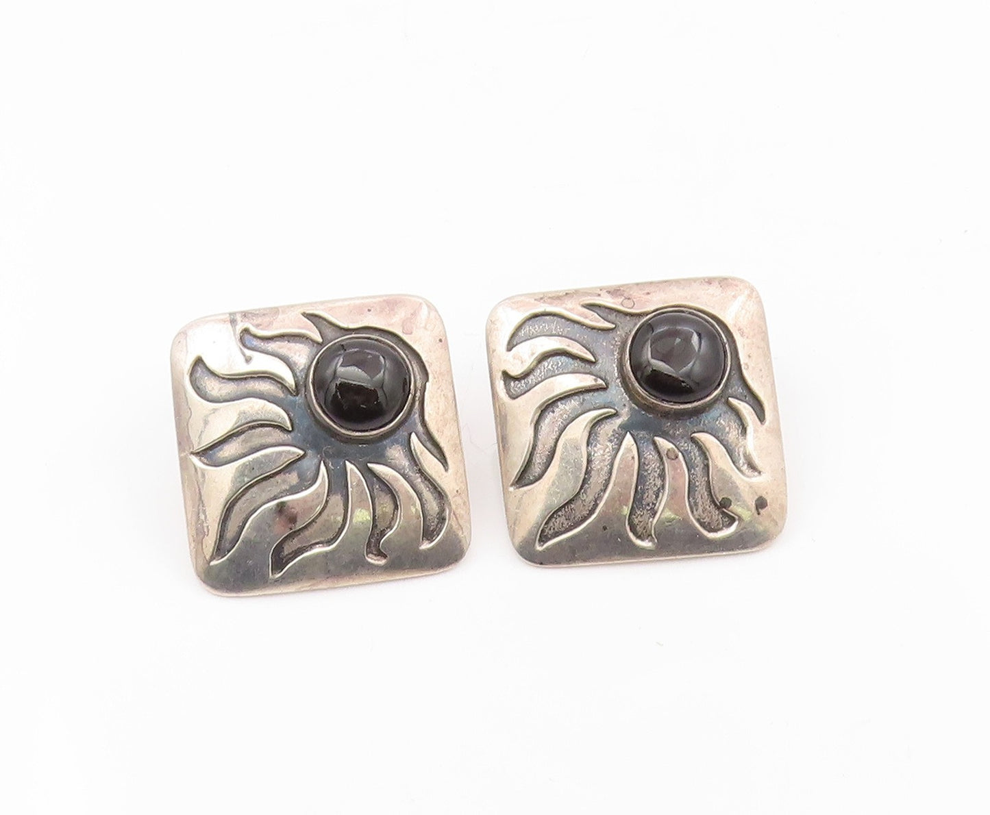 925 Sterling Silver Vintage Earrings Black Onyx Carved Sunburst Clip On  EG13871