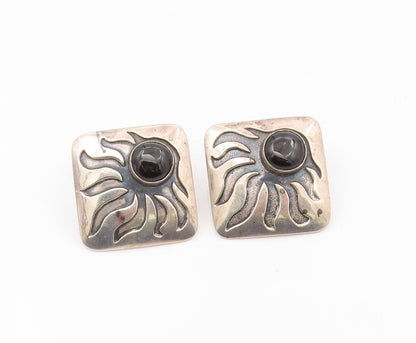 925 Sterling Silver Vintage Earrings Black Onyx Carved Sunburst Clip On  EG13871