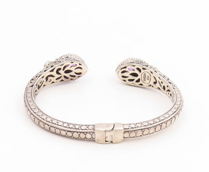 925 Sterling Silver Vintage Bracelet SARDA Amethyst Scrollwork Cuff  BT11768