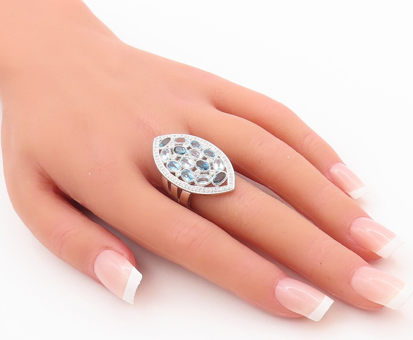 925 Sterling Silver Vintage Ring Carved Oval Cut Blue Topaz Inlay  Sz 7  RG29847