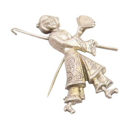 925 Sterling Silver Vintage Brooch LANG Lady Geisha With Fan & Lantern  BP12125