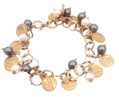 925 Sterling Silver Vintage Bracelet Gold Rings Dangling Pearls & Coins  BT10986